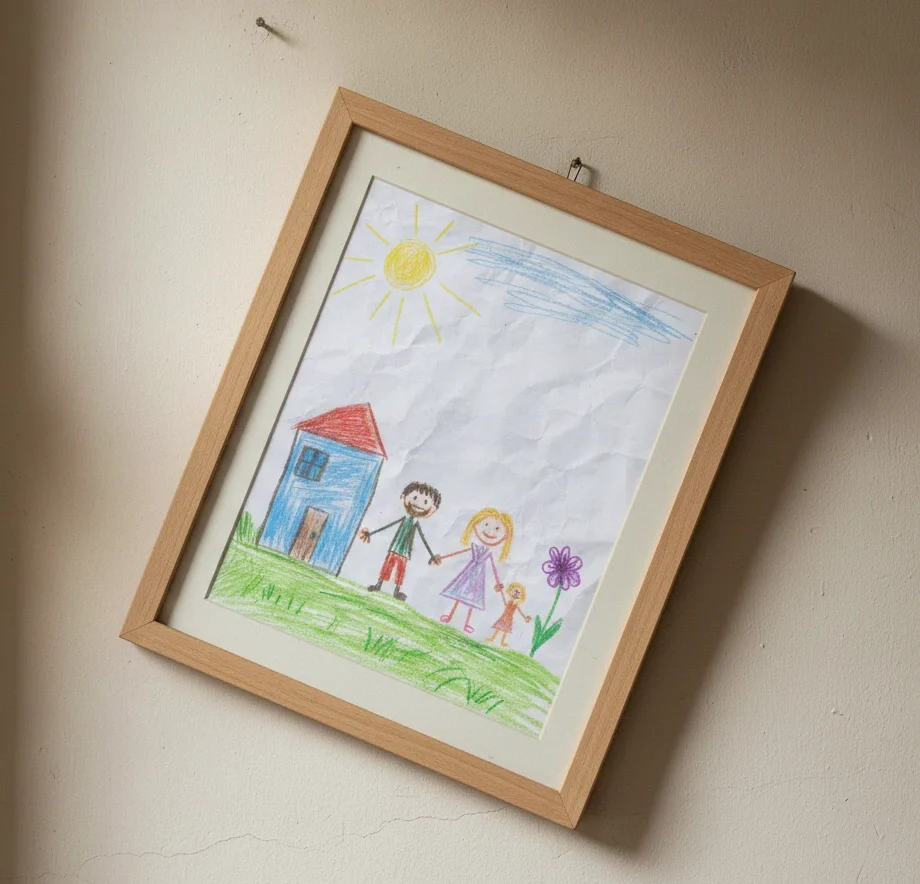 תמונה עקומה על הקיר ובתוך המסגרת שלה - ציור שילד צייר של משפחה- אבא אמא וילד עם בית ושמש ודשא - עליזה רובינוב מאמנת רגשית לילדים ונוער ומדריכת הורים